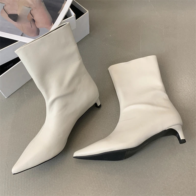 Eilyken 2025 Winter Fashion Pointed Toe Women Ankle Boots Ladies SHort Modern Shoes Thin Low Heel Party Pumps Zapatos Mujer White