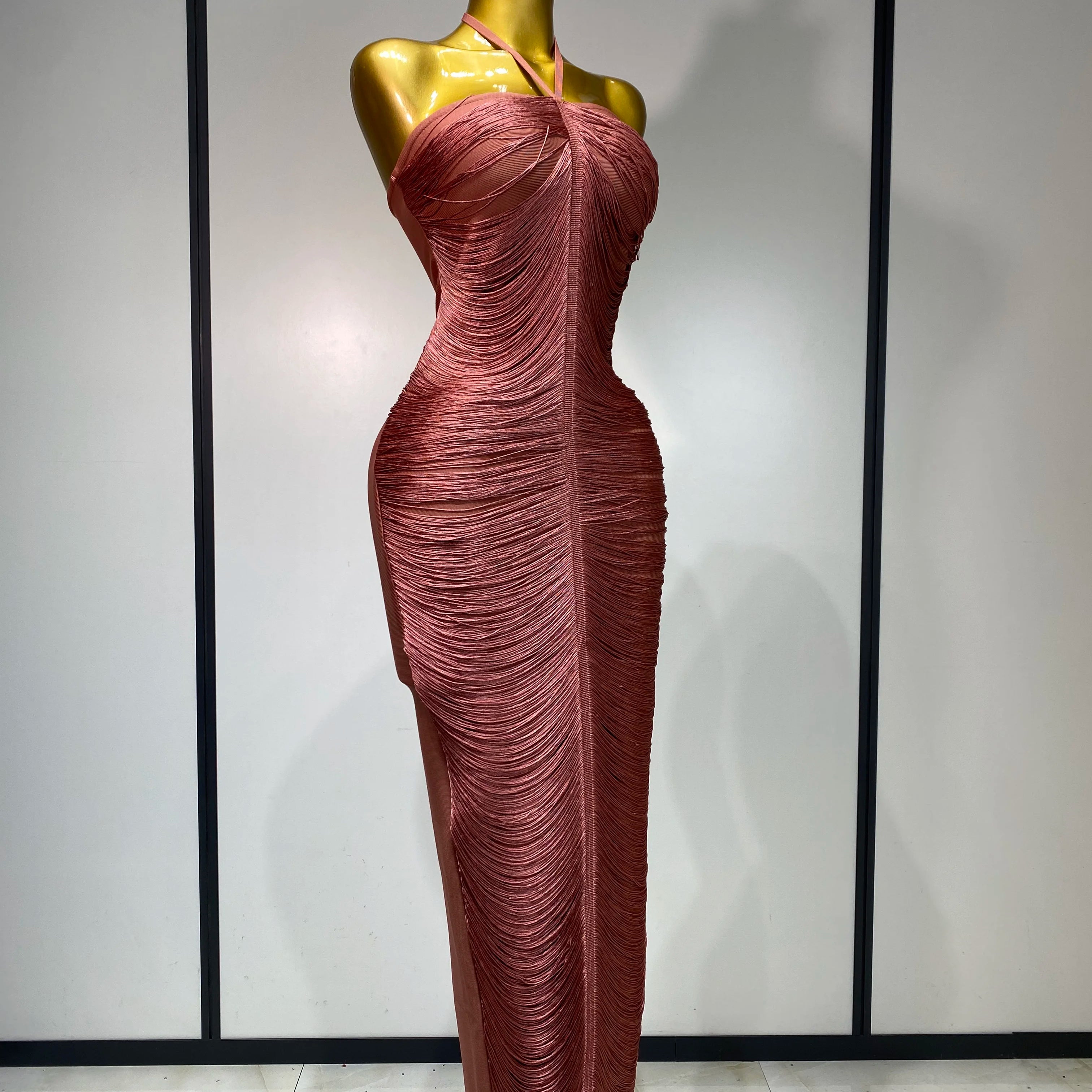 Women Sexy Celebrity Backless Halter Tassel Bodycon Bandage Dress 2025 Elegant Celebirty Evening Party Luxury Birthday Dress