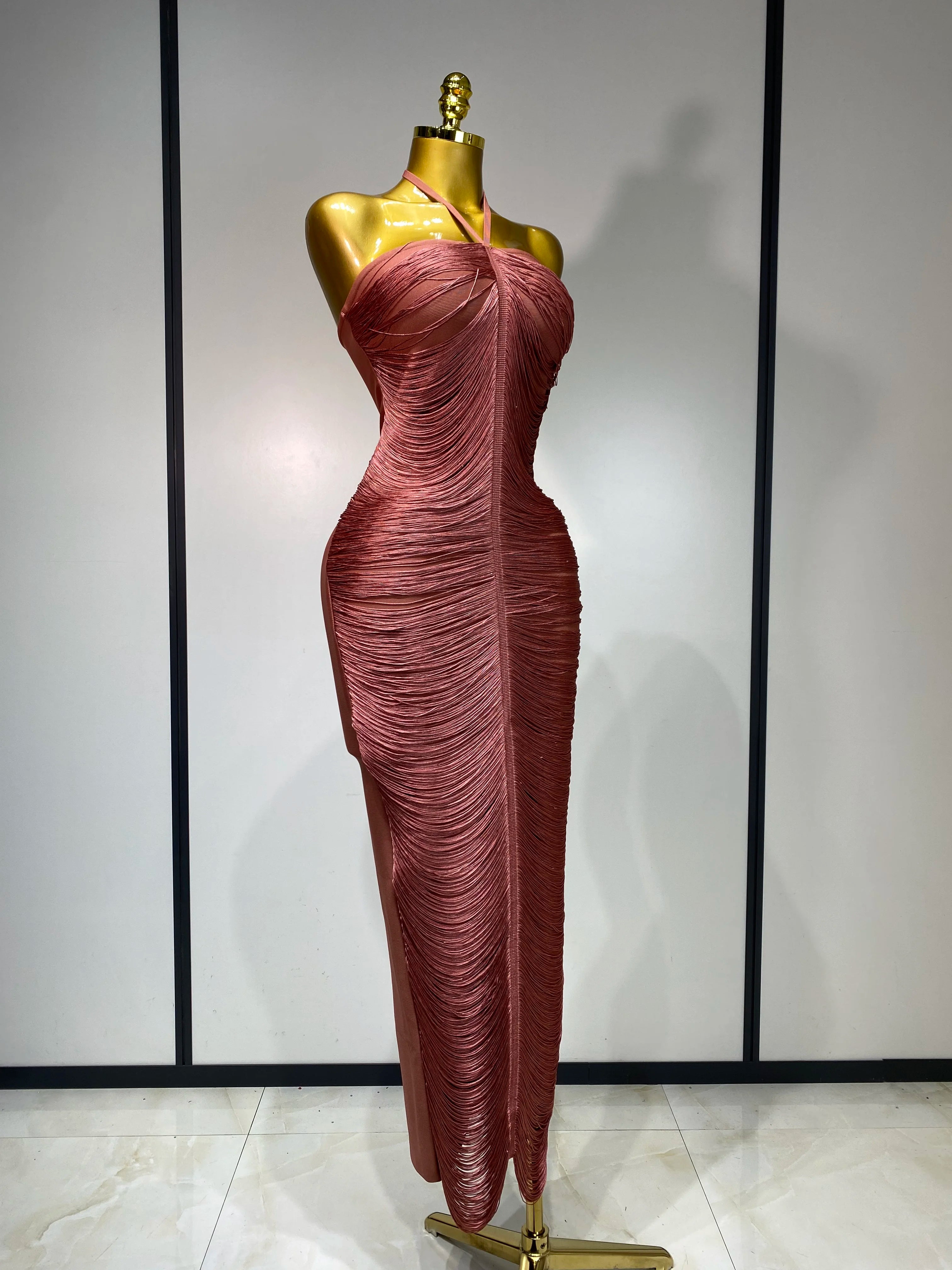 Women Sexy Celebrity Backless Halter Tassel Bodycon Bandage Dress 2025 Elegant Celebirty Evening Party Luxury Birthday Dress