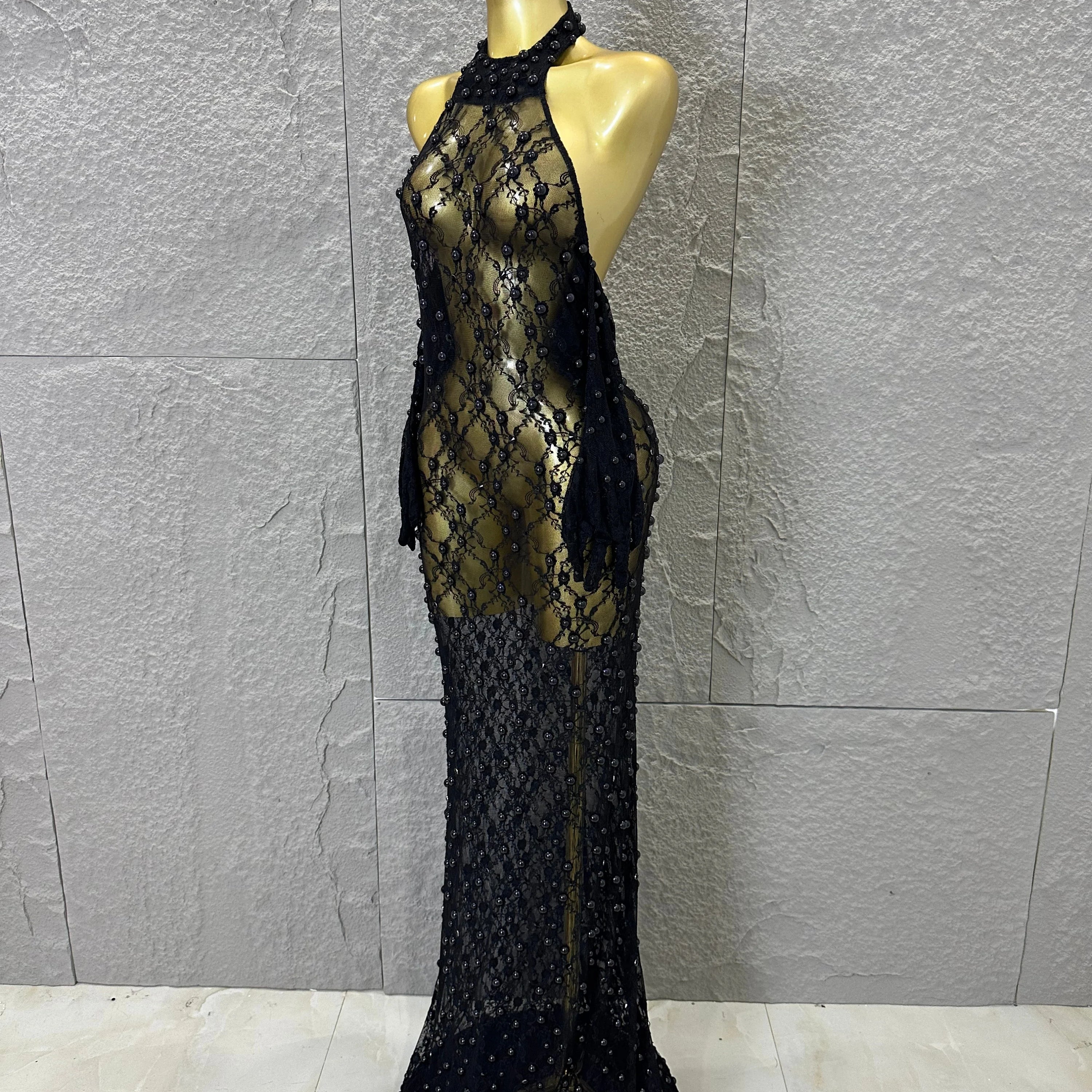 Black Opulent Halter Neck Maxi Sheer Mesh Beaded Lace Dress Form-Fitting Outfit Nightclub Party Evening Gala Costume