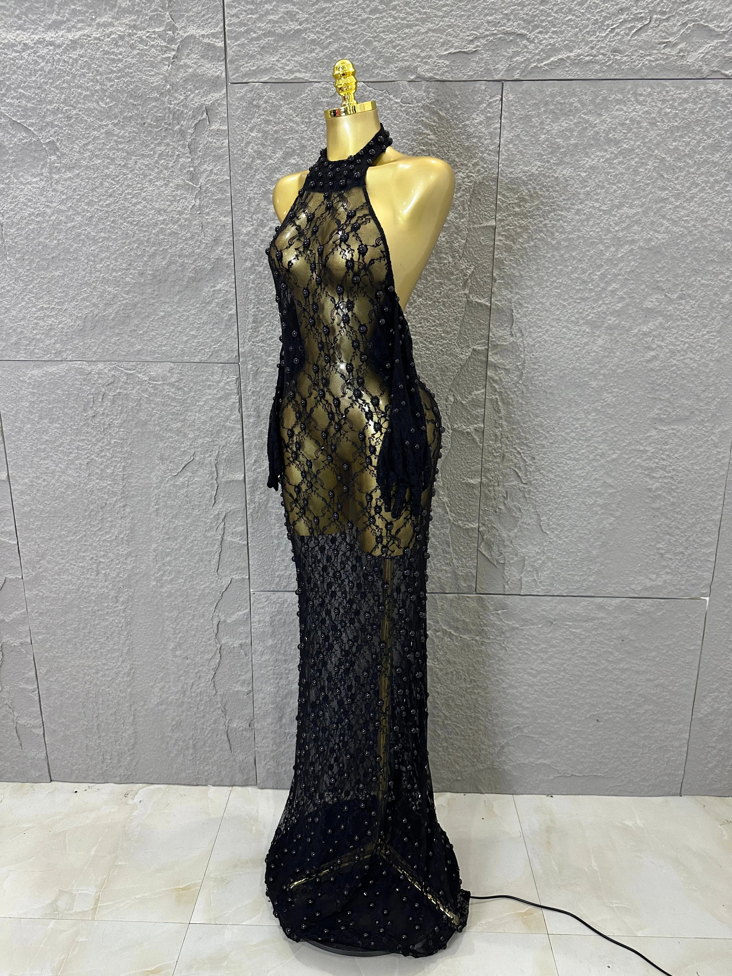 Black Opulent Halter Neck Maxi Sheer Mesh Beaded Lace Dress Form-Fitting Outfit Nightclub Party Evening Gala Costume