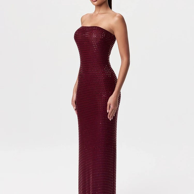 Redwine Beaded Strapless Long Maxi Dress For Women Elegant Sleeveless Backless Sparkle Crystals Bodycon Cocktail Evening Gown