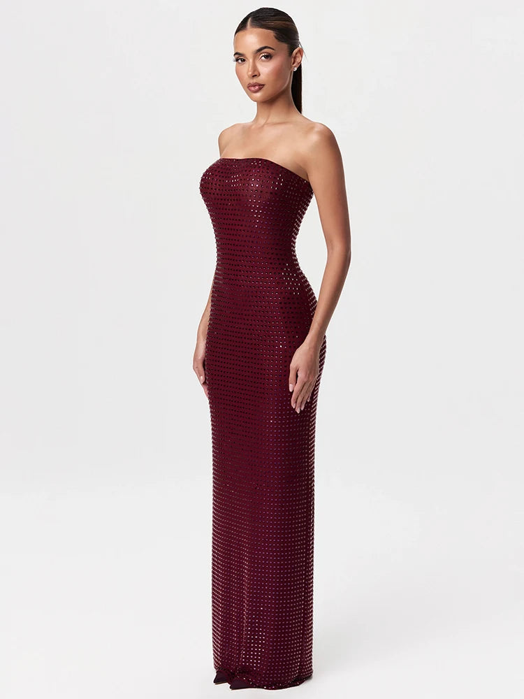 Redwine Beaded Strapless Long Maxi Dress For Women Elegant Sleeveless Backless Sparkle Crystals Bodycon Cocktail Evening Gown