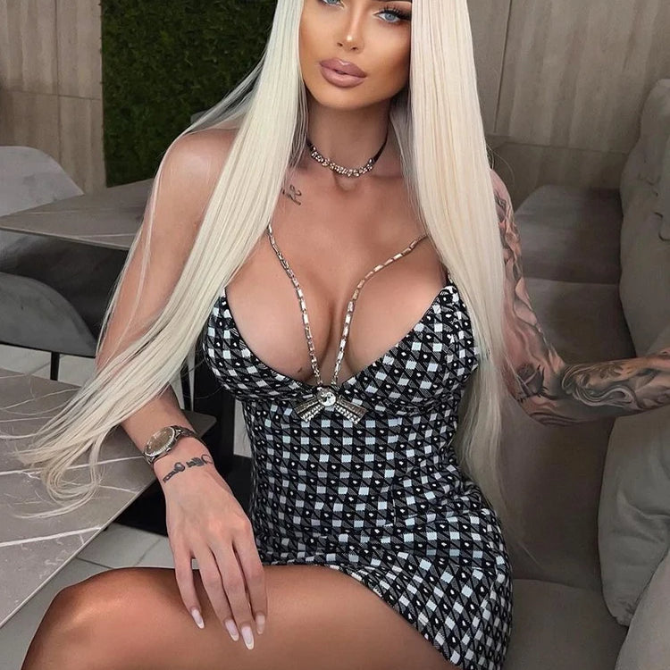 Vintage Houndstooth Dress For Women Sexy V Neck Crystal Chain Spaghetti Straps Bow Tie Bodycon Bandage Mini Dresses