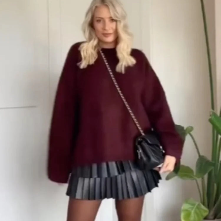 Autumn Knitted Fuchsia Solid Color Woman Elegant Pullover Sweater Fashion Loose O Neck Long Sleeve Sweaters New Daily Tops