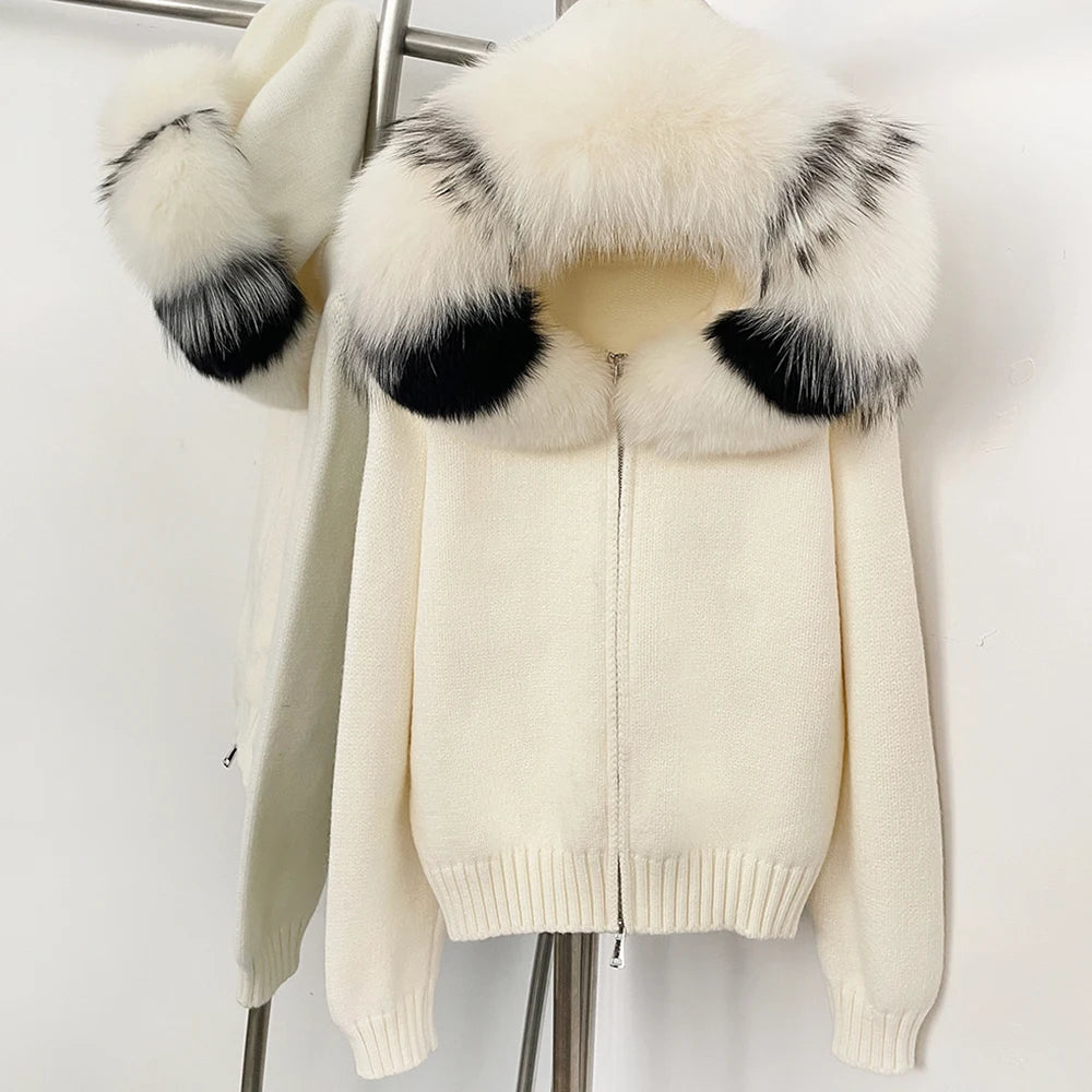 Coat Women Cardigan Natural Fox Fur Coat Women Real Mongolian Fur Knitwear Female Spring Autumn Hooded Knitted Fur Jacket Beige pin fox One Size