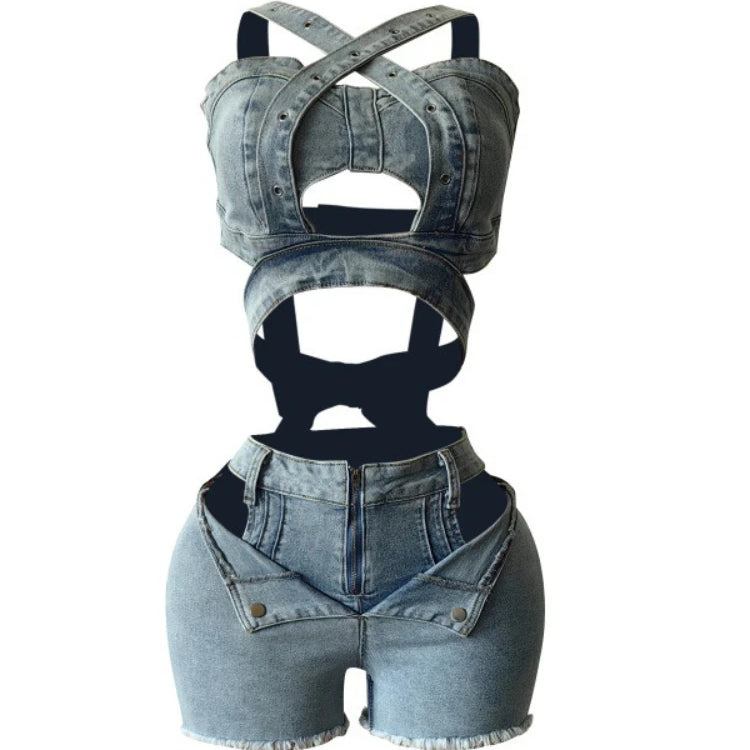 CM.YAYA Sexy Holiday Denim Women's Set Halter Neck Crop Tops and Ripped Out Shorts Jeans 2025 Summer Two 2 Piece Sets Outfit