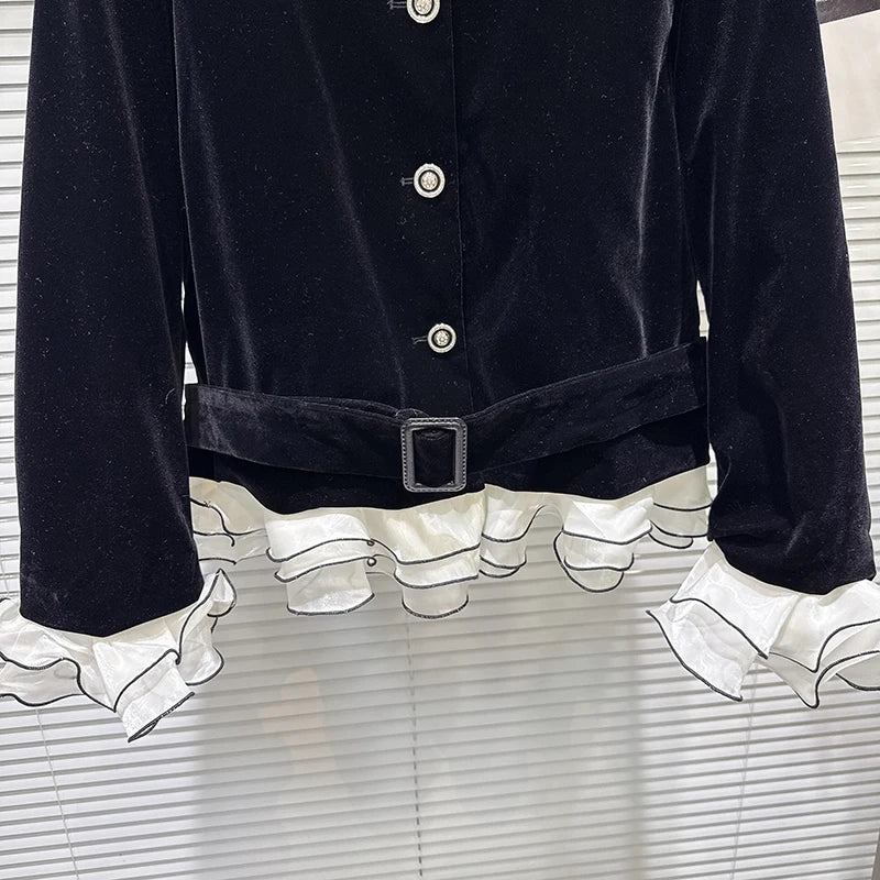 Winter New Fashion Chiffon Lace With Belt Velvet Fabric Cotton Short Coat For Women High Waist O-neck Jacket 11A07695