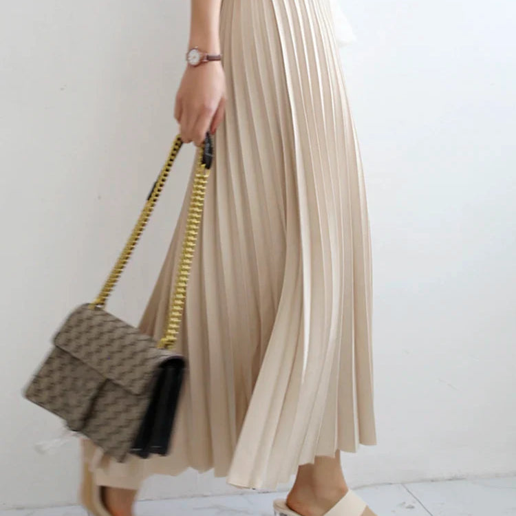 Brand Designer Women Spring Autumn Elegant Chic Solid Pleated Skirt High Waist Luxury Fashion With Elastic Female C-035