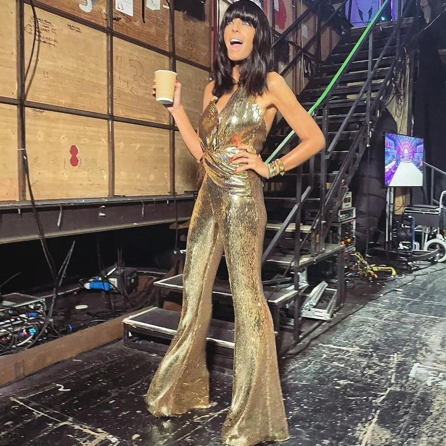 Golden Sequins Stylish Flare Pants Halter Blackless Jumpsuit Woman Fashion Party Outfit Stage Performance Costume