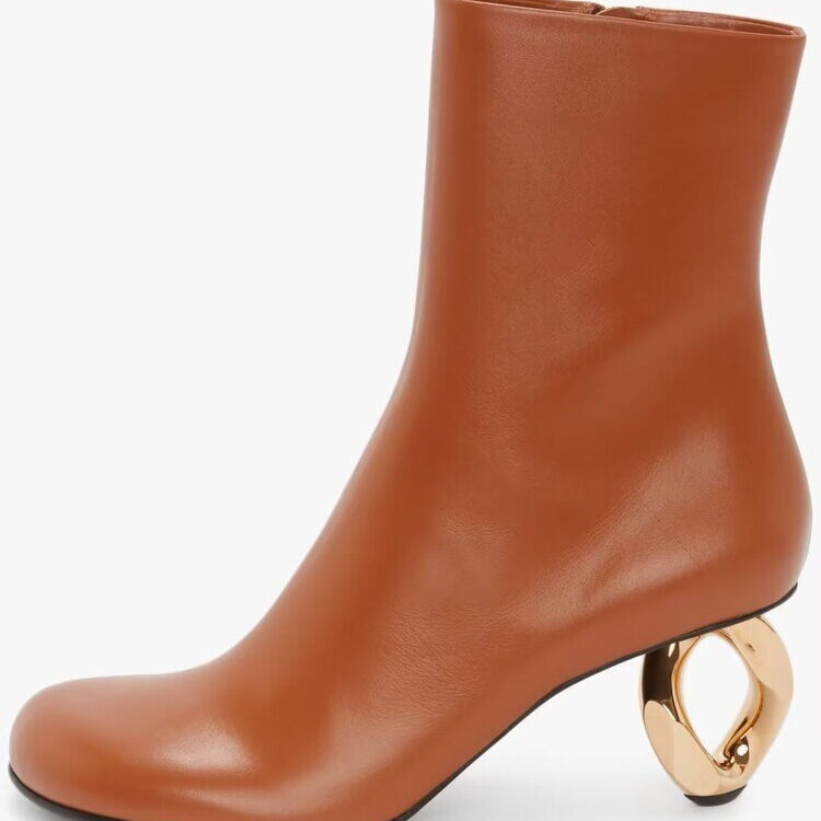 Spring and Autumn Women's New Metal Shaped High Heels Fashion Pointed Short Boots Sexy Model Show Large Women's Boots w105-brown