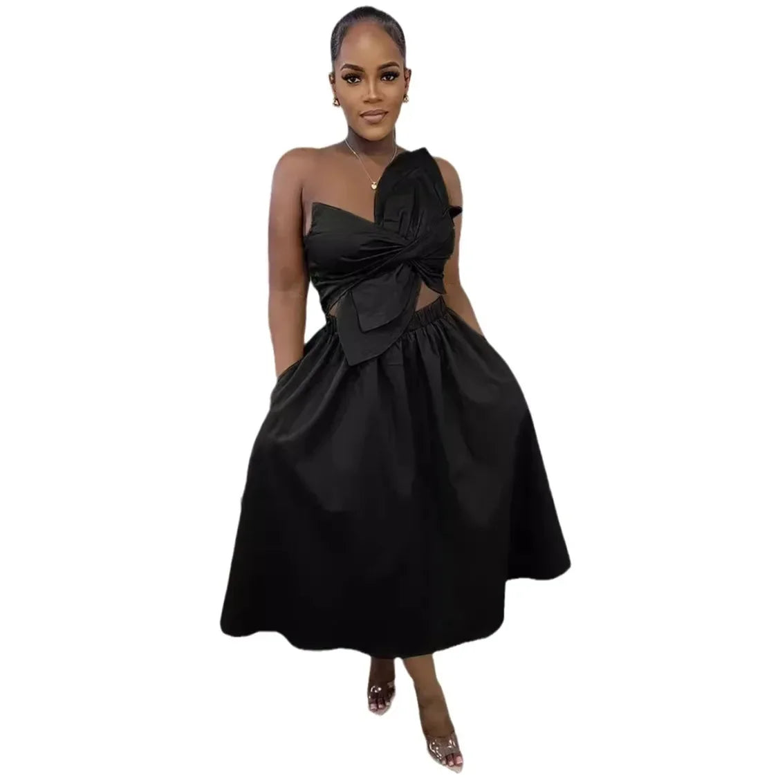 Women Big Petal Front Strapless Midi Long Dress 2024 Summer Street Vestidos Sexy Party Evening Chic Big Swing Dresses Black