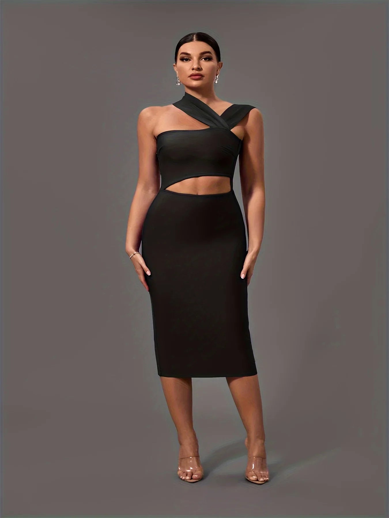 Black Bandage Dress Women Midi Party Dress Bodycon Elegant Halter Neck Sexy Cut Out Birthday Evening Club Outfits Summer