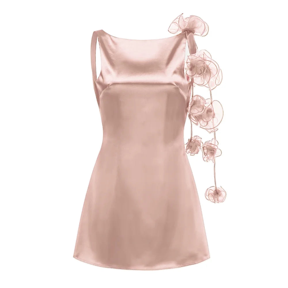 New Summer Women Sexy Satin Backless Florals Bodycon Mini Dress Nightclub Party Celebrate Birthday Fashion COcktail Outfit Pink