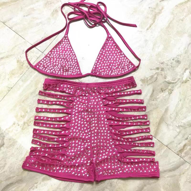Shining Rhinestones Bra Hole Hollow Shorts Set Women Pink Crystal Bikini High Waist Pants Outfits Birthday Party Singer Costume