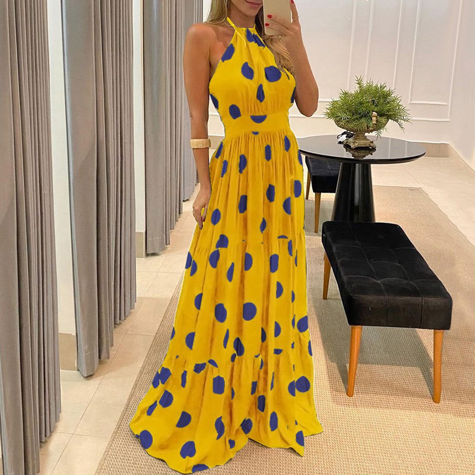 Summer Long Dress Polka Dot Casual Dresses Black Sexy Halter Strapless New - Yellow Sundress Vacation Clothes For Women Yellow