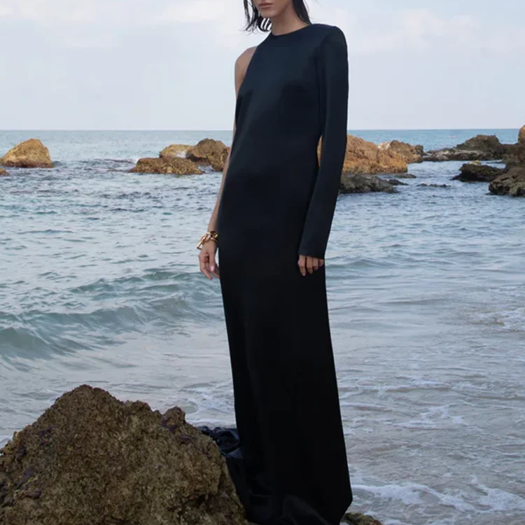 Evening Dresses For Women Sexy Backless Chain Design One Shoulder Long Sleeve Maxi Black Gown 2024 Summer Fashion