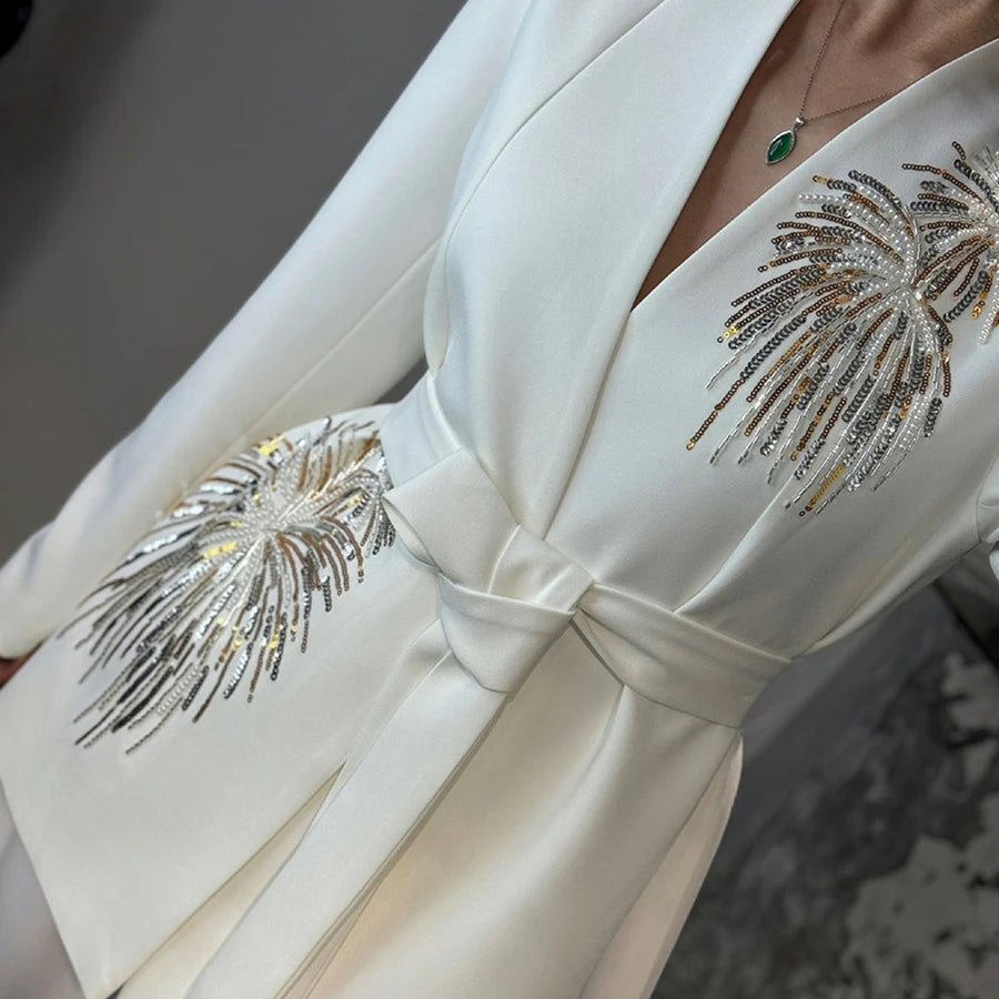 Solid Slimming Two Piece Sets for Women V Neck Long Sleeves Patchwork Sequins Top High Waist Pant Fashionset Female