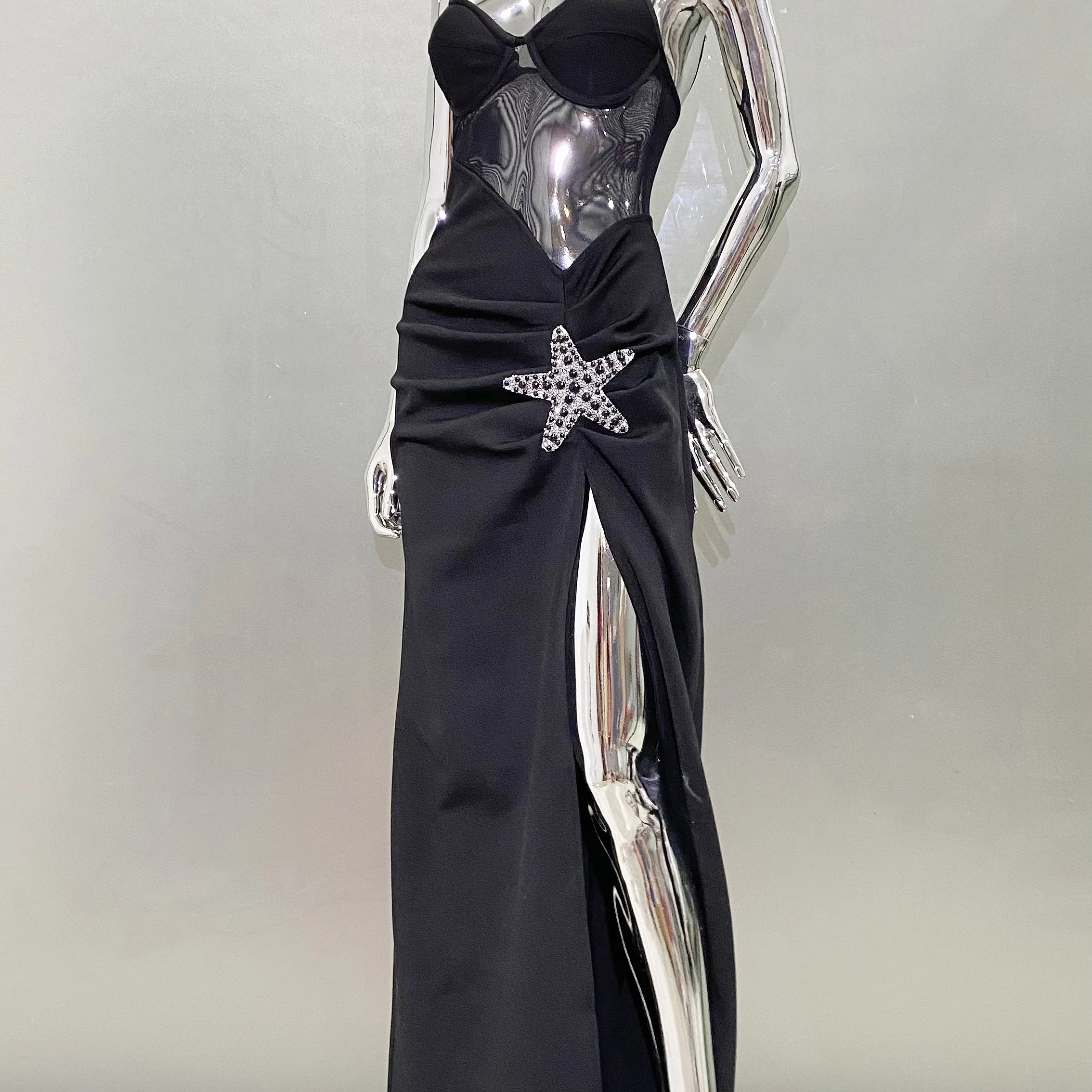 2024 Starfish Sexy See Through Mesh Patchwork Bandage Spaghetti Strap Floor Length Dress Evening Dress Celebrity Party Outfit