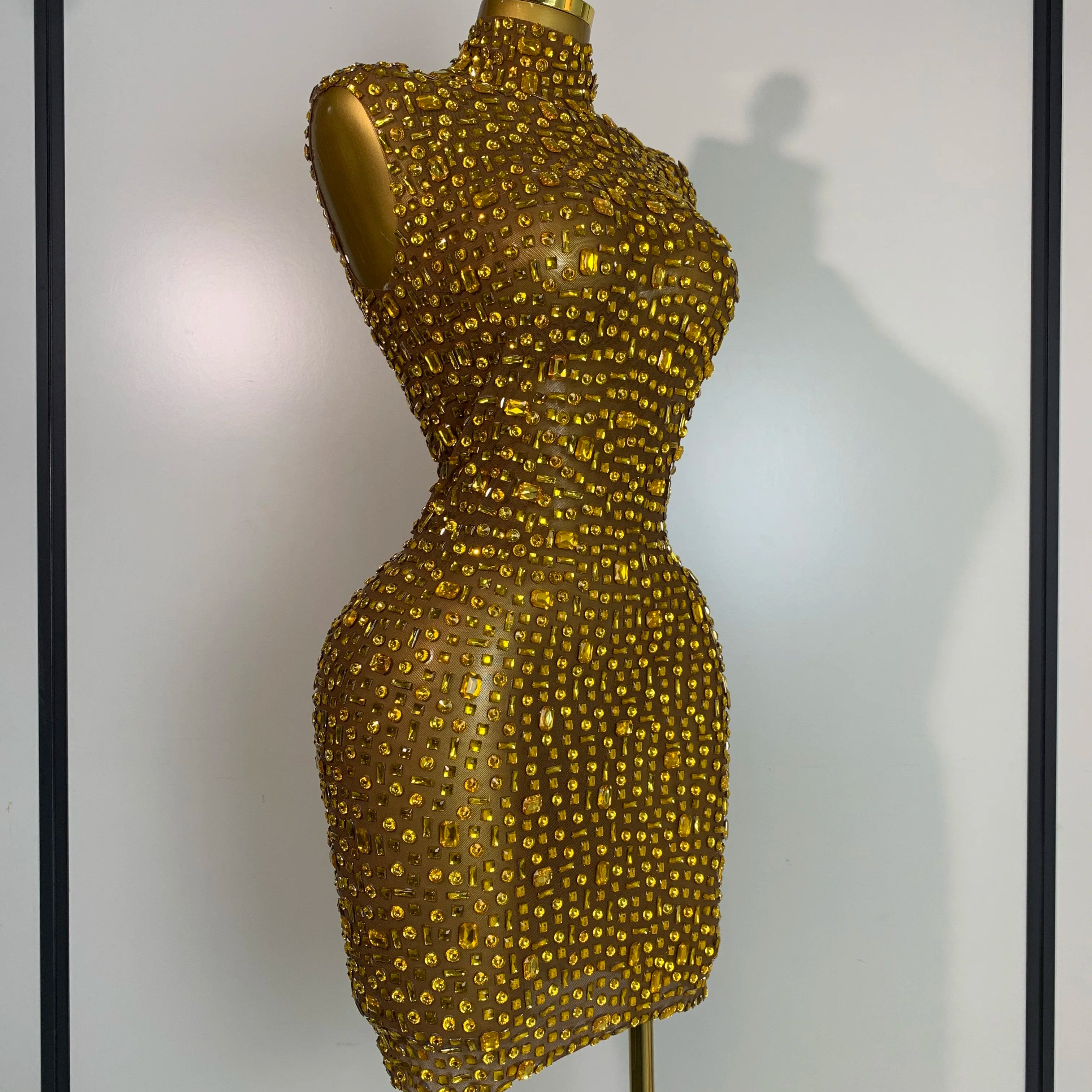 Women Luxury Gold Rhinestone Sexy Mesh Short Dress Sparkly Stage Costume Elegant Party Birthday Dresses Nightclub Singer Outf