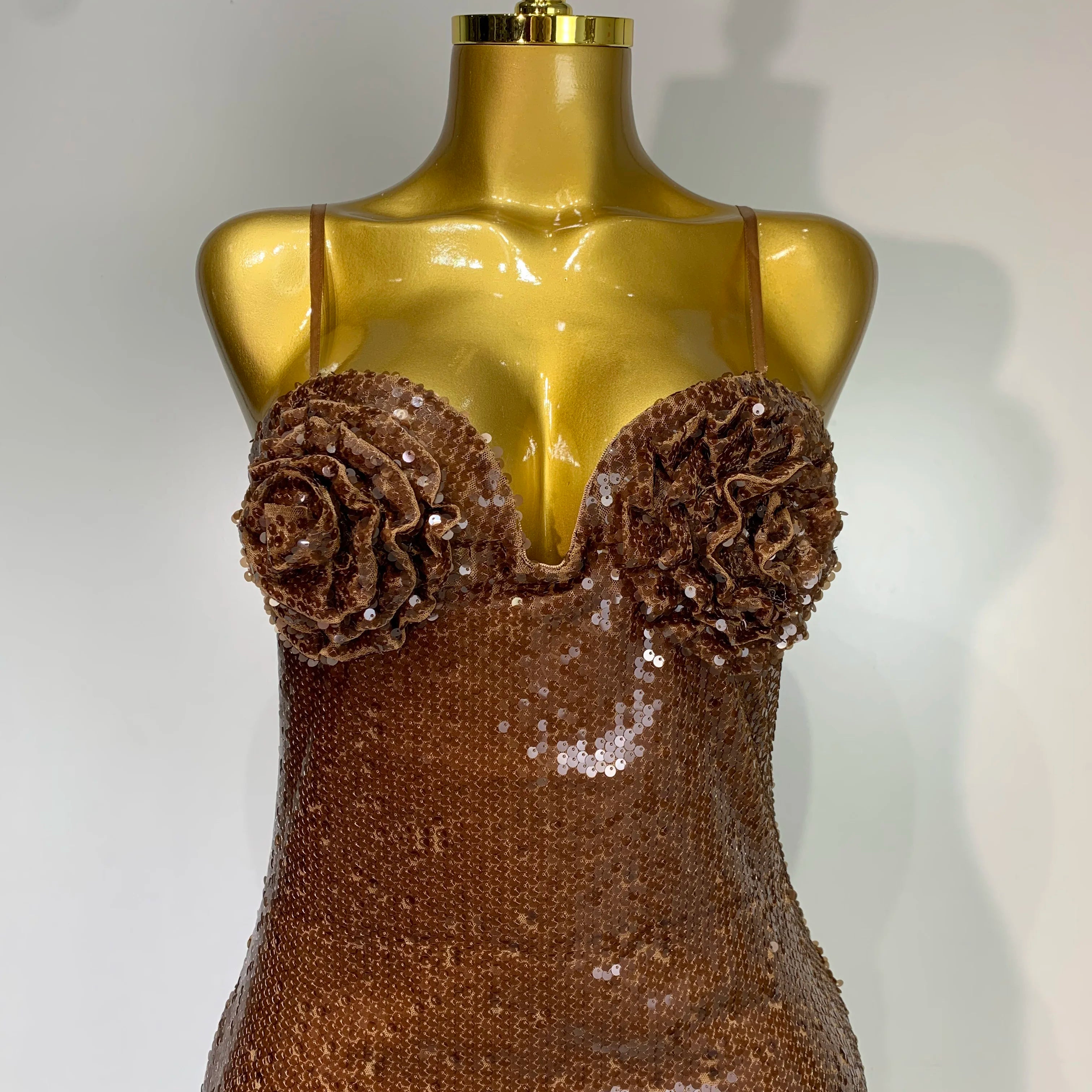 Women Luxury Sexy Sleeveless Backless Mesh Sequins Flower Brown Bodycon Maxi Dress Club Elegant Celebrity Evening Party Dress