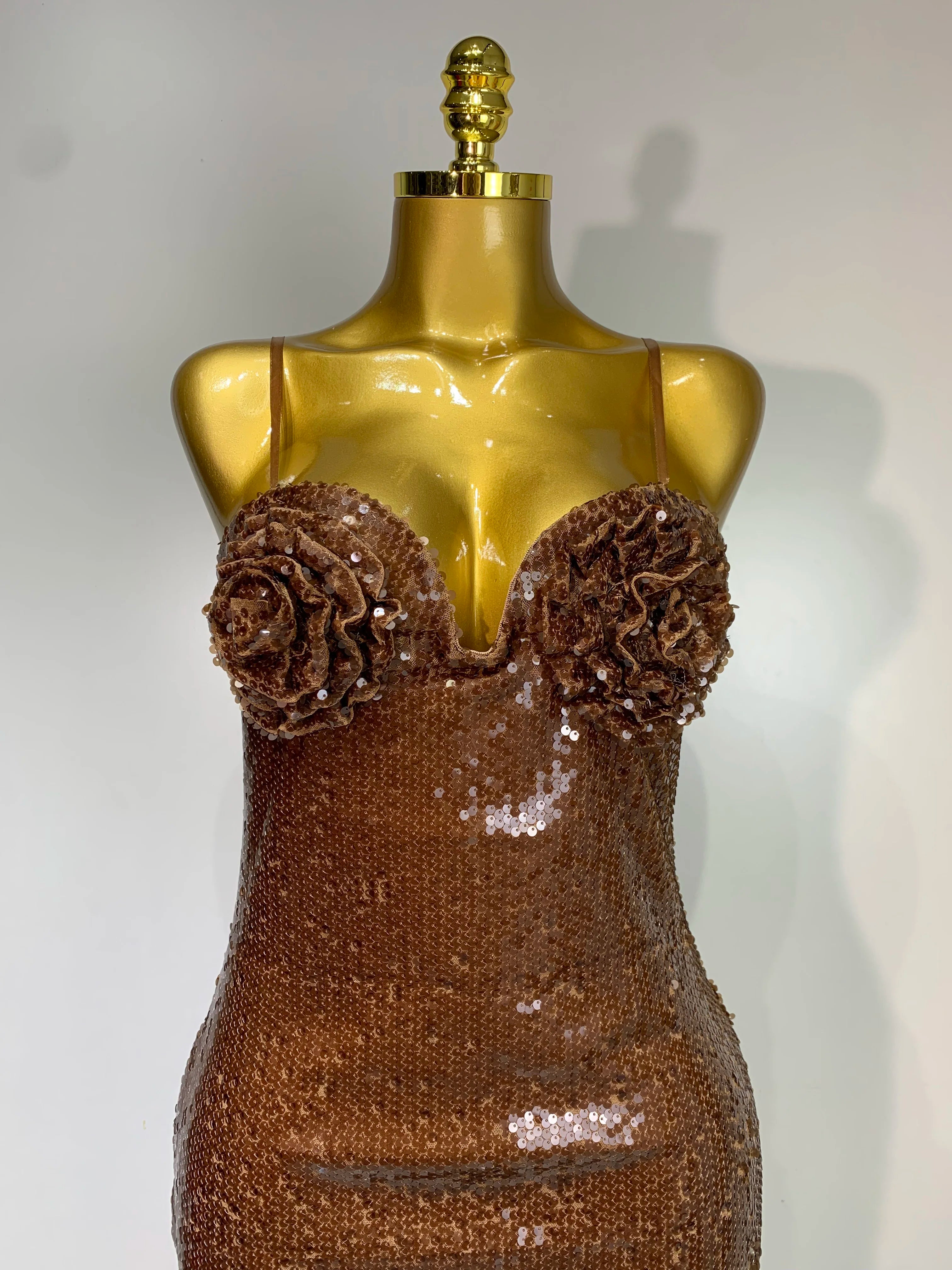 Women Luxury Sexy Sleeveless Backless Mesh Sequins Flower Brown Bodycon Maxi Dress Club Elegant Celebrity Evening Party Dress