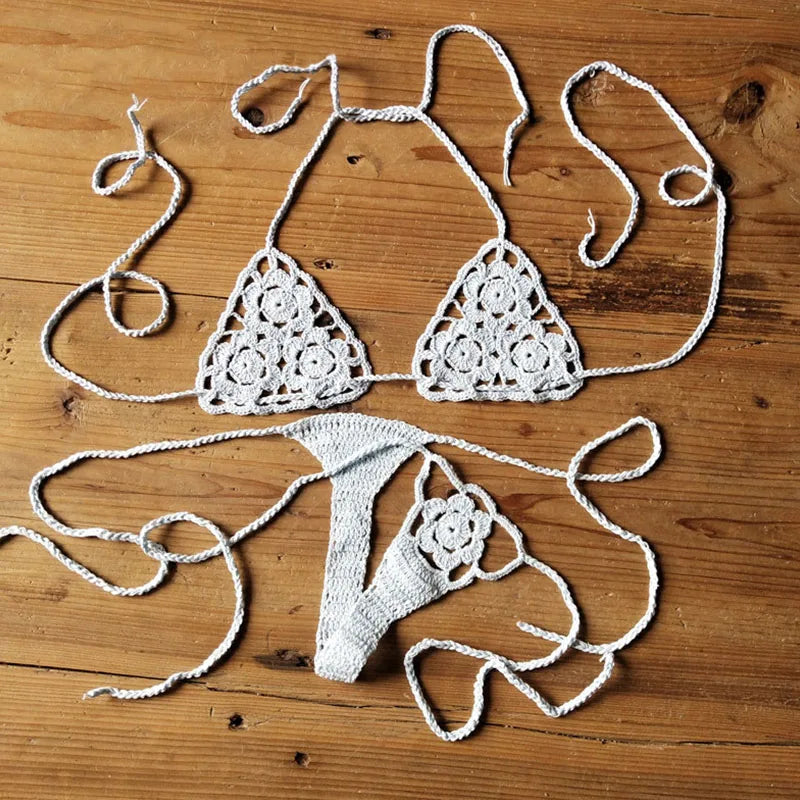 Women Sexy Handmade Bikini Sets Crochet Flower Solid Color Lace Thong String Swimwear Sunbathing Swimsuit Beach Wear Lace-up Light Blue one size