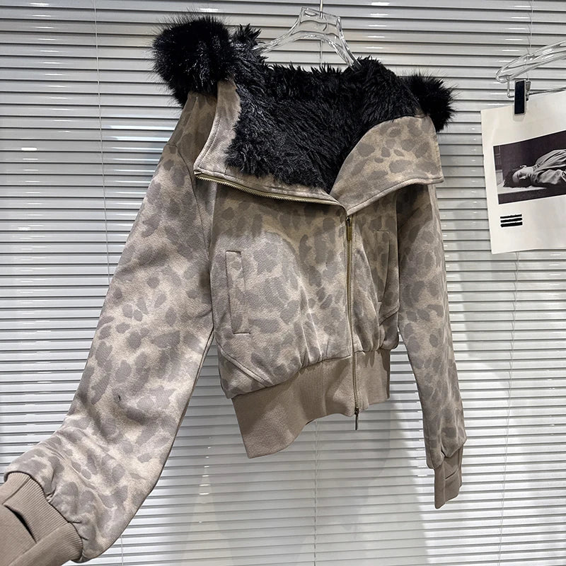 Winter New Sweet Fashion Metal Diagonal Zipper Camouflage Furry Lined Short Jacket For Women Versatile Coat 11A07506