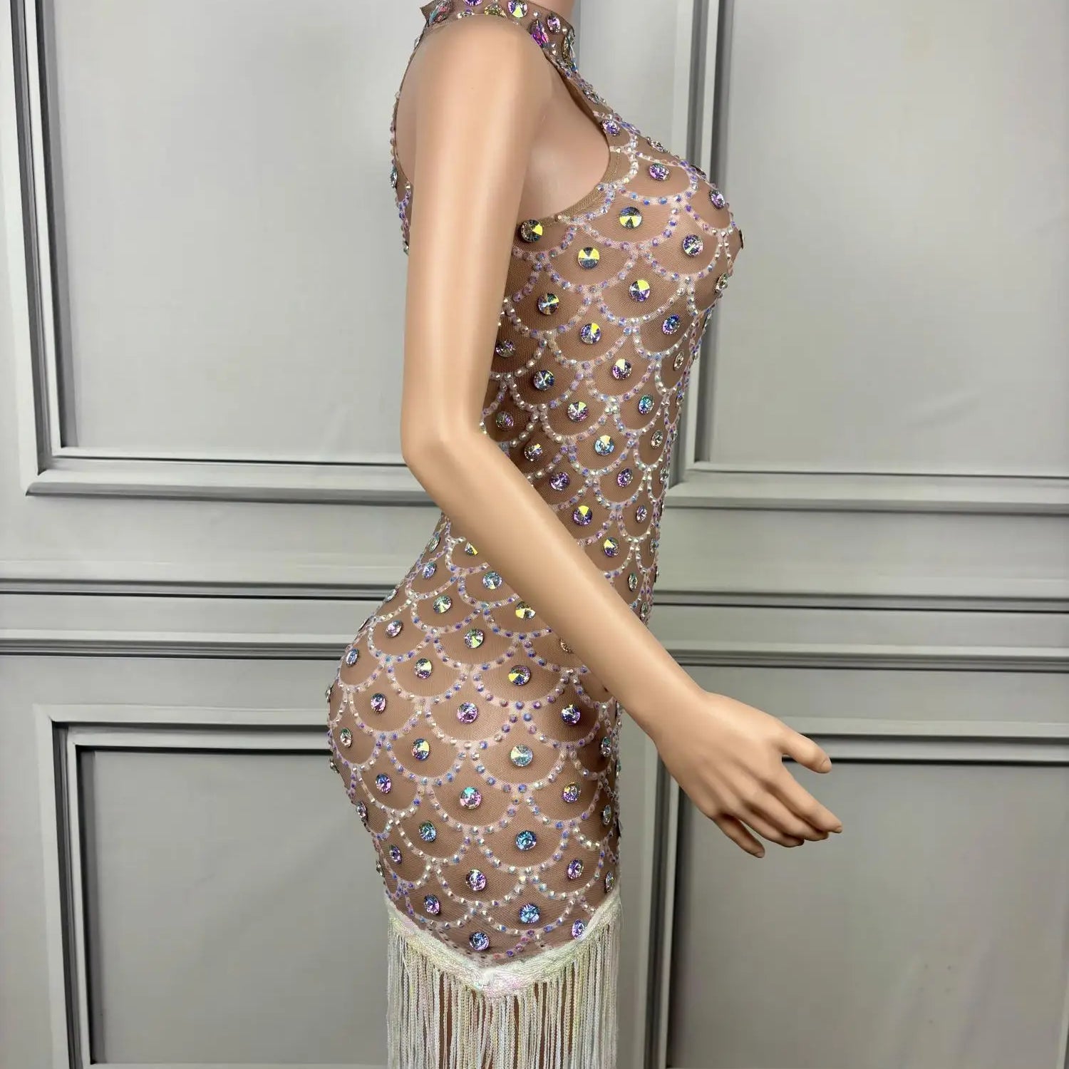 Elegant Women Luxury Sparkly Evening Dress Birthday Celebrate Party Dinners Outfit Tassel Crystals Sheer Mesh Prom Dress Langhua