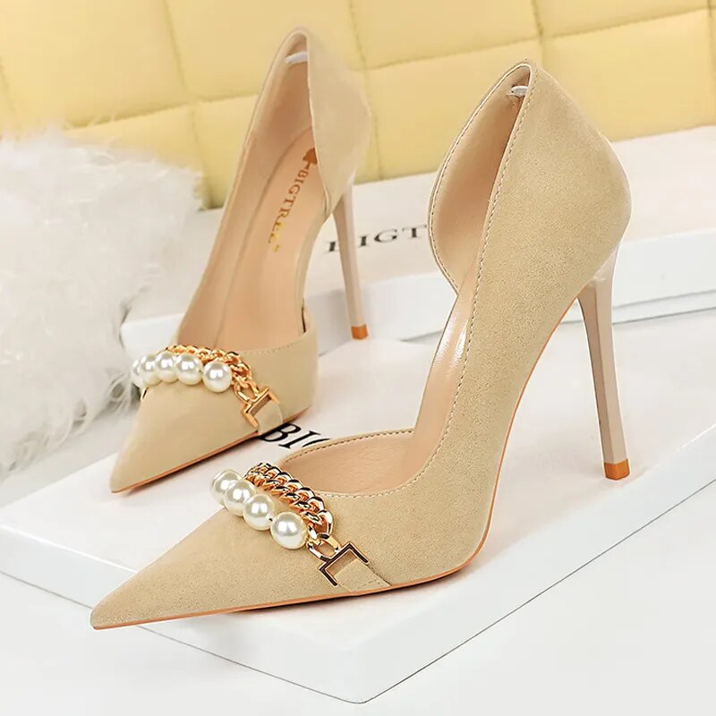 Spring Women Pumps Pearl Metal Chain High-heels Checked Grain Stilettos Women's Heels Luxury Banquet Shoes 43 8829-2-apricot-11CM