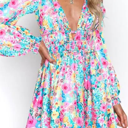 New Backless Sexy Women Mini Dress Sleeveless V Neck Backless Flower Print Summer Club Party Dress Sundress Streetwear S M L G