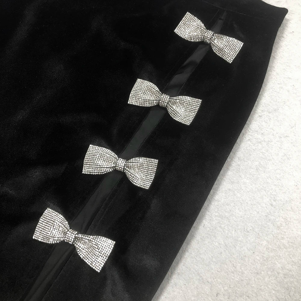 2025 New Fashion Gloves Black Velvet Woman Set Shining Diamond Bows V-Neck Jacket Sexy Hollow out package Hips Skirt Set 2 Piece
