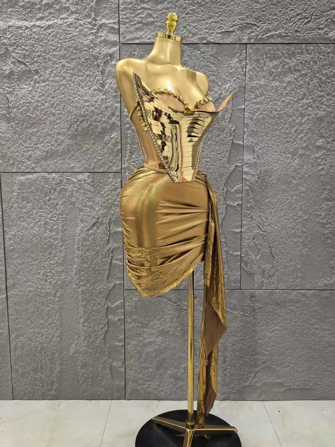 Gold Silver Color Women Sexy Strapless Shinning Crytsal 2 Pieces Bodycon Mini Dress Celebrate Nightclub Party Birthday Wear