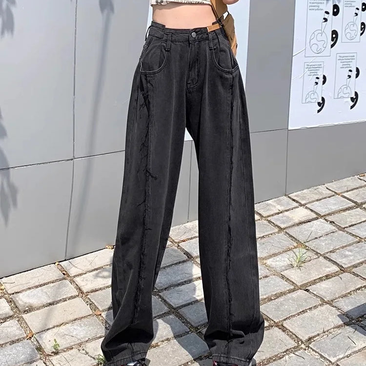 American Retro High Waist Straight Pockets Jeans Hip-hop Pants Spring Women's Grunge Streetwear Casual Y2K Denim Trouser