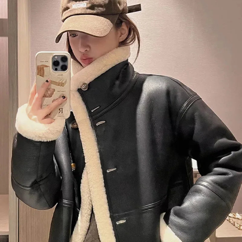 Lady Fashion Wool Jackets Women Fashion Real Wool Lamb Fur Coat Winter Jacket LSBH69