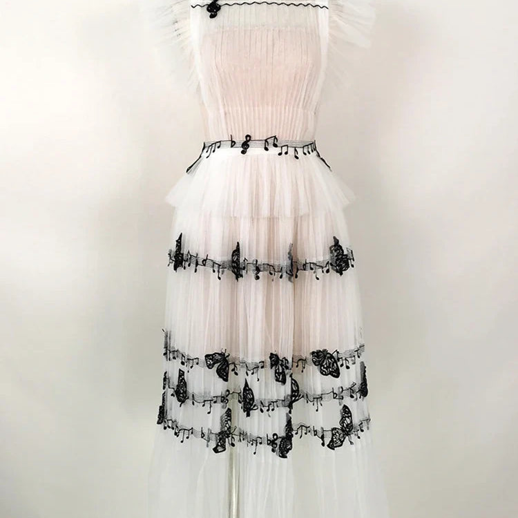 DEAT Gauze Women Dress Print Short Flying Sleeve A Line High Waist Medium Long Elegant Chic Style New Spring 15KB5996 White