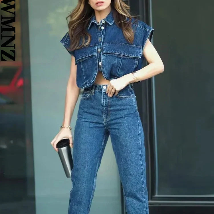 XNWMNZ Women Fashion Pockets Cropped Denim Shirts Sexy Sleeveless Button-up Female Blouses Blusas Chic Top