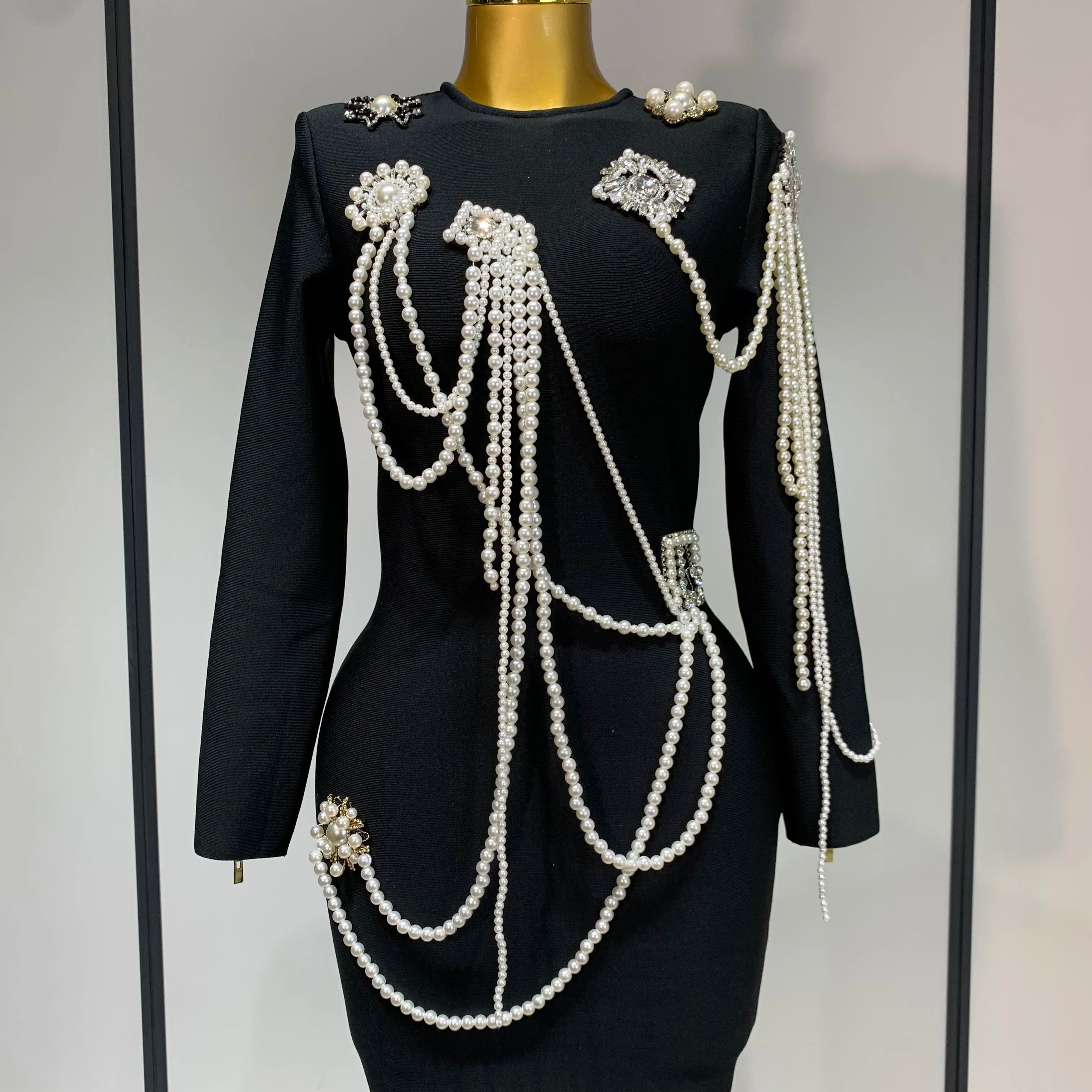Luxury Birthday Dress Women Beading Diamond Black Bodycone Bandage Wrapped Hip Dress Elegant Long Sleeves Evening Party Gown black