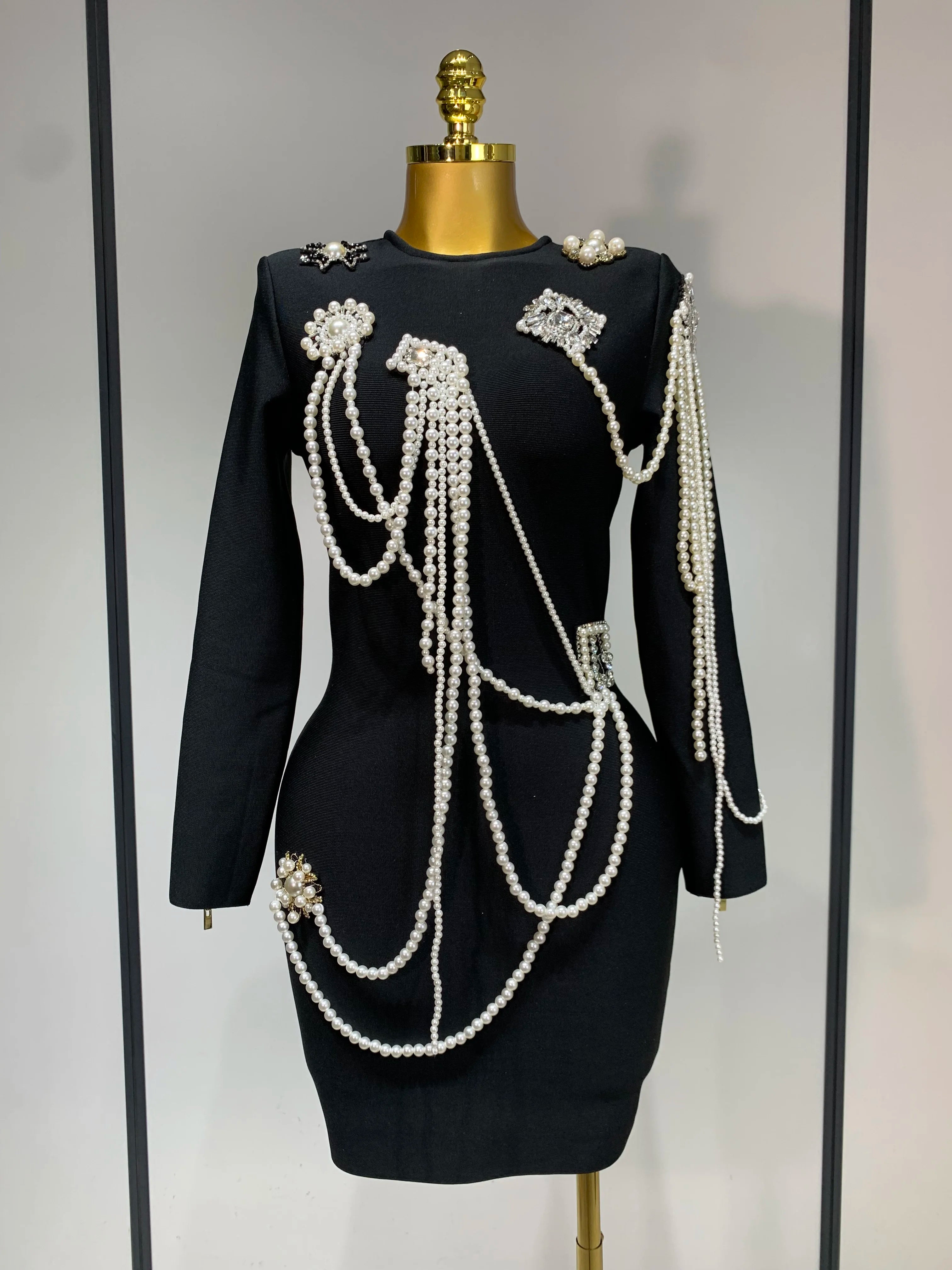 Luxury Birthday Dress Women Beading Diamond Black Bodycone Bandage Wrapped Hip Dress Elegant Long Sleeves Evening Party Gown black