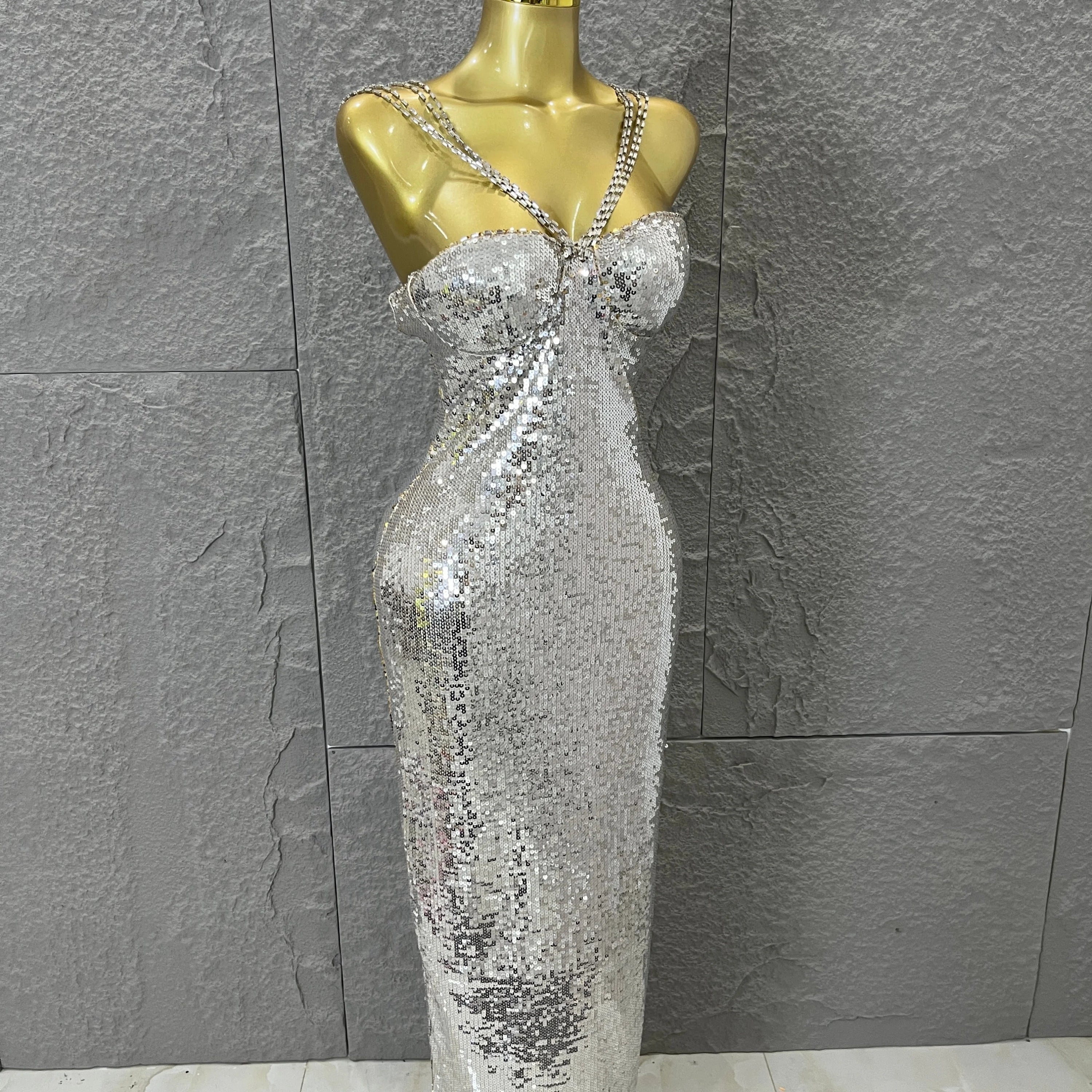Classic Gold Sequin Mermaid Dress Rhinestone Chain Shoulder Straps Sweetheart Neck Formal Evening Gala Photoshoot Cocktail Party