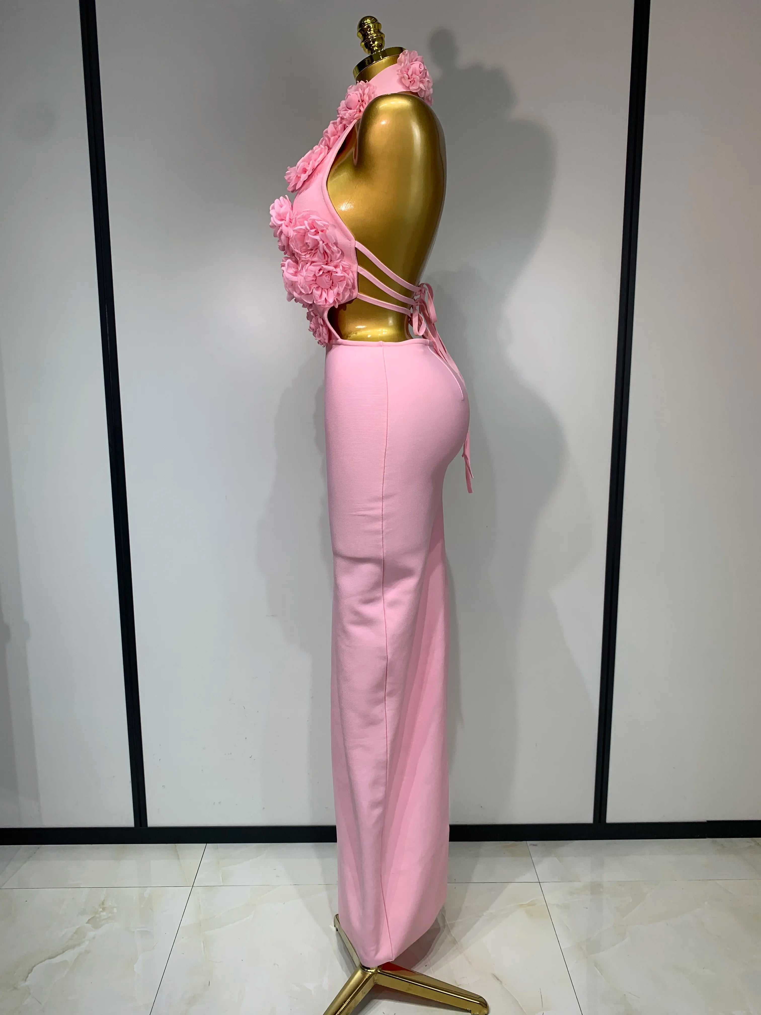 Luxury Birthday Dress Women Celebrity Sexy Halter Backless Flower Long Bandage Bodycon Dress 2025 Elegant Evening Party Outfit ﻿