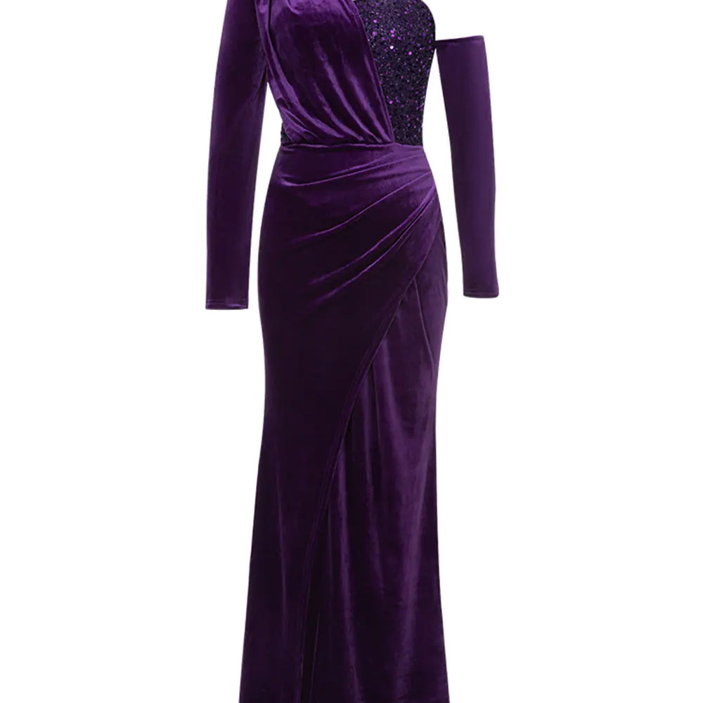 2024 Sexy Women Light Luxury Sparkle Velvet Dress with Diagonal Collar Long Sleeve Draped Bodycon Split Body Long Dress Vestidos