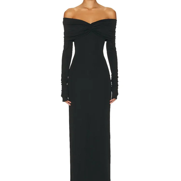 Luxury Women Celebrity Sexy Off Shoulder Long Sleeve White Black Maxi Long Bodycon Dress 2024 Elegant Evening Club Party Dress black