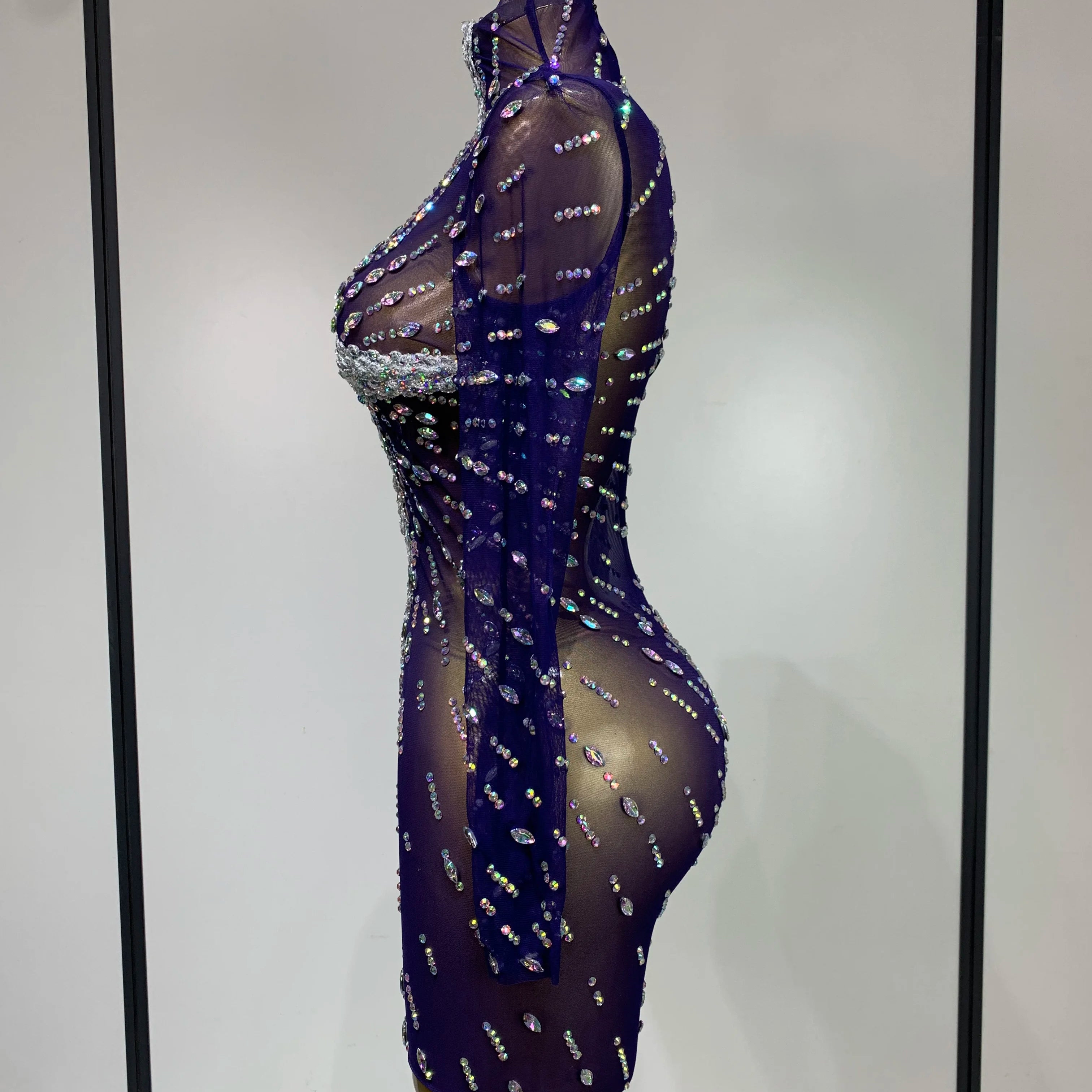 Sparkly Diamonds Mesh See Through Long Sleeves Mini Dress Women Eveing Birthday Party Sexy Nightclub Bar Singer Stage Costume