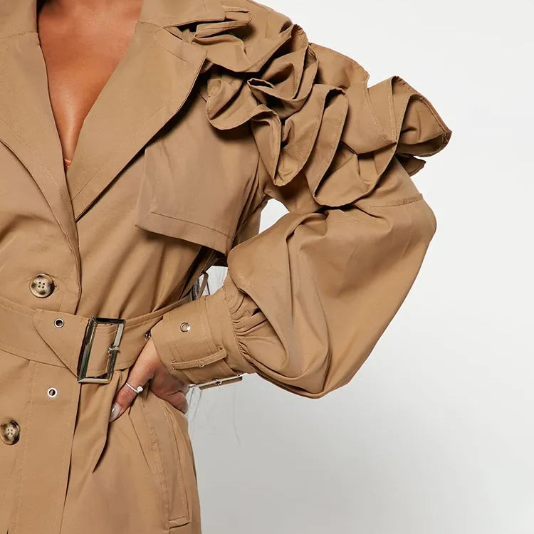 Casual Spliced Ruffles Trenches For Women Lapel Long Sleeve Patchwork Belt Vintage High Street Trench Female Style