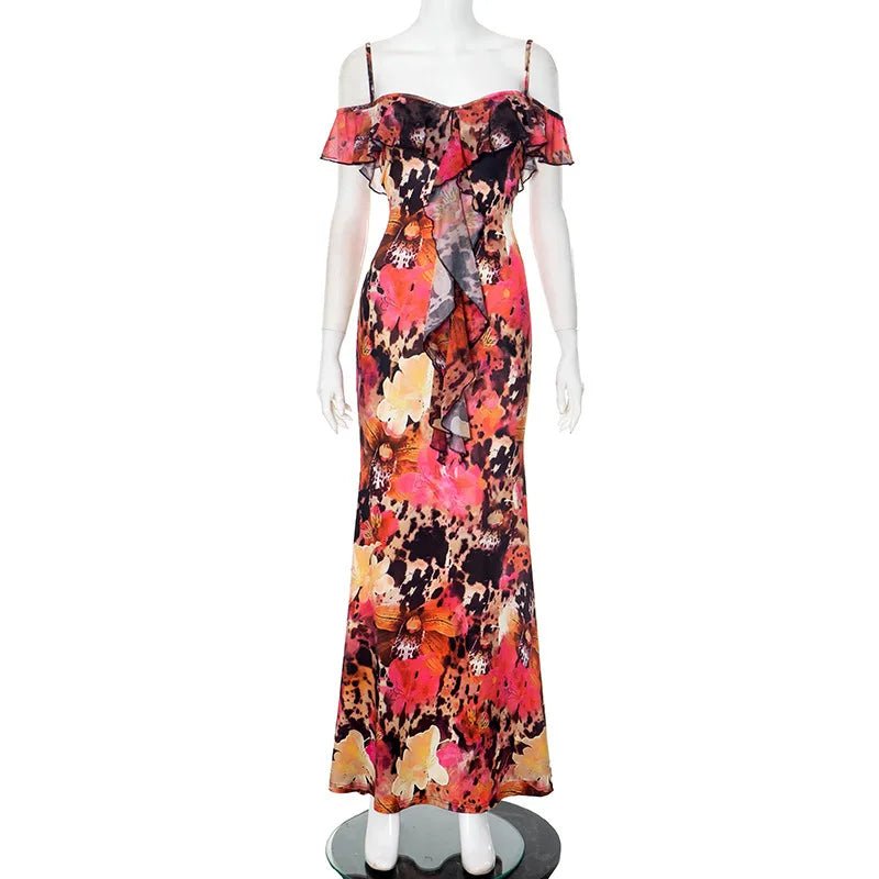 Spaghetti Strap Floral Print Sexy Maxi Dress Women Gown Fashion Off-shoulder Strapless Sleeveless Printed Long Dress Red