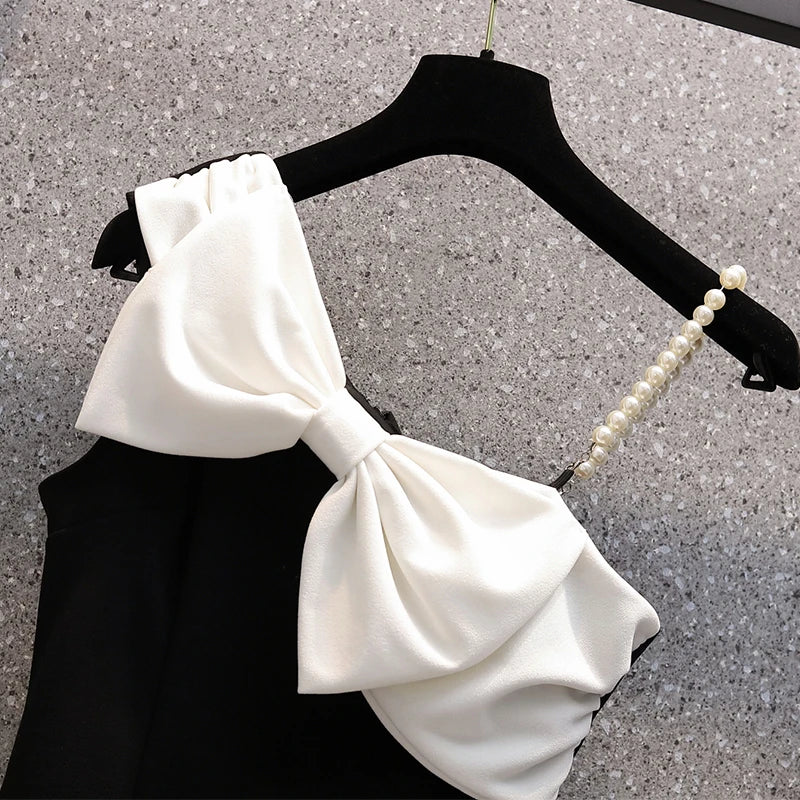 Black Sexy Strap Dress Women Bowknot Fashion Sleeveless High Waist Short Dress Diagonal Collar Elegant Summer Dress Female