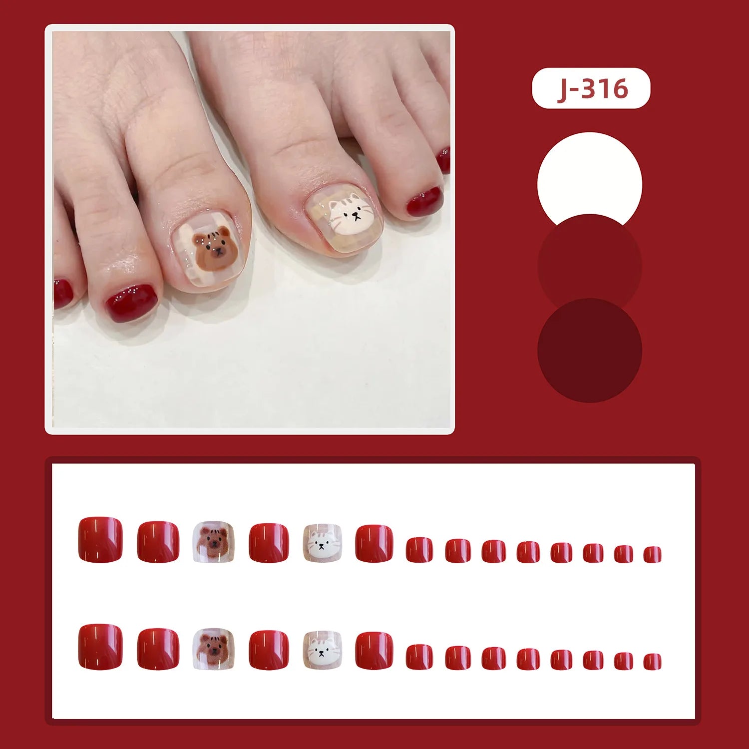 24pcs Summer Cute Press on Toenails Cartoon Cat Bear Print False Toe Nails Wearable Sweet Red Korean Style Fake Toenails 1