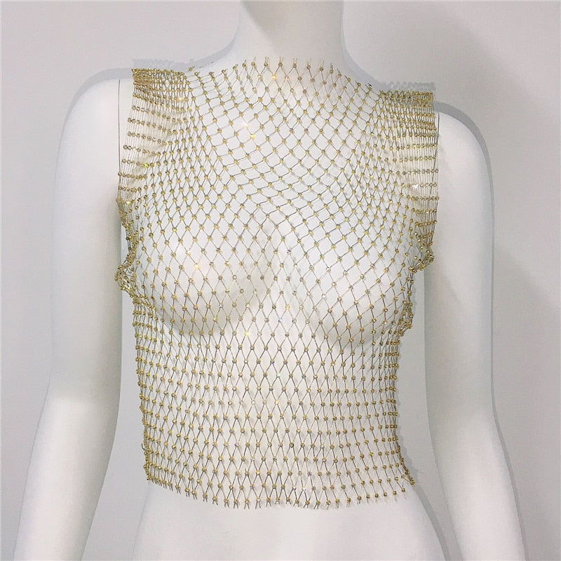 Women's Fishnet Rhinestone Crop Top 2024 Summer Sexy Mesh High Elastic Black White Shirt Net See Through Rave Diamond Tank Top Gold