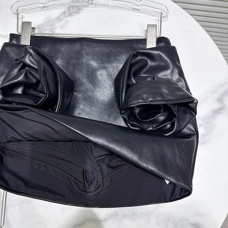 Winter New Street Style Fashion PU Leather Shirt Jacket For Women Three-Dimensional Pleated Floral Skirts 11A07730